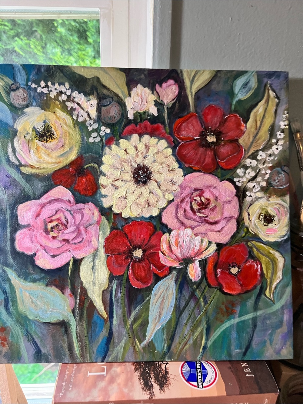Original acrylic painting of vibrant colored flowers 12”x12”